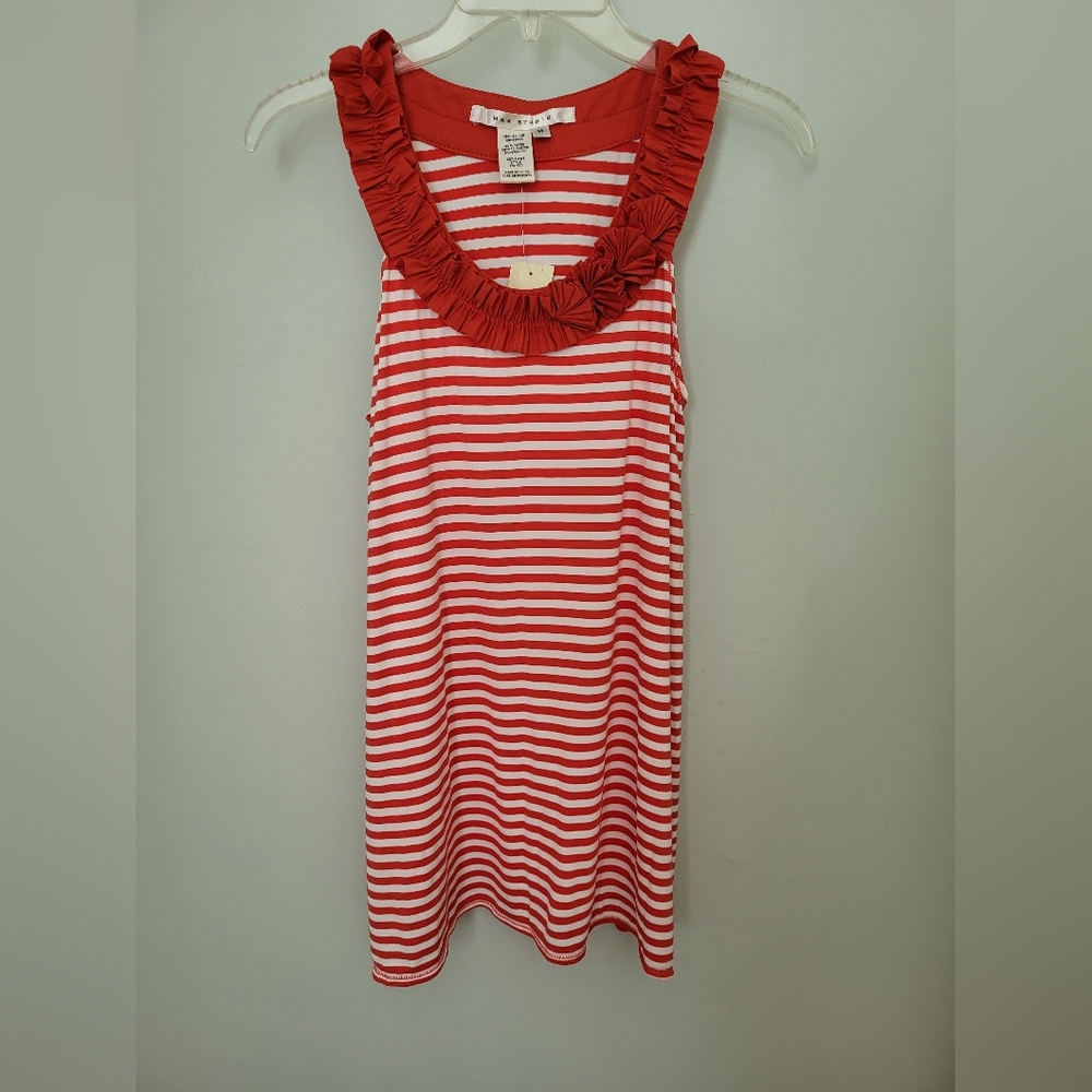 Max Studio Women Sleeveless Tank Top Shirt Trapezee A Line Striped Red White Med